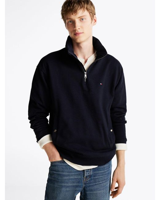 Felpa Con Collo A Listino E Mezza Zip di Tommy Hilfiger in Black da Uomo