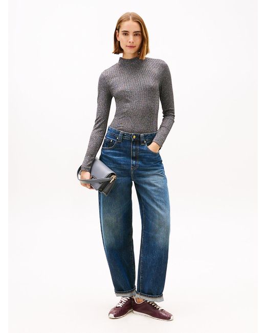 Tommy Hilfiger Gray Festive Metallic Slim Long Sleeve Top