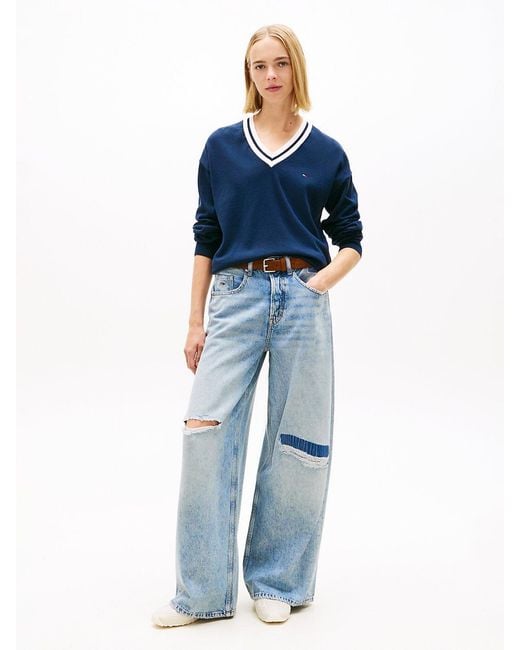 Tommy Hilfiger Blue Relaxed Tipped V-Neck Jumper