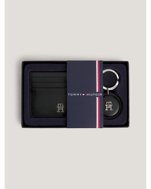 Tommy Hilfiger Blue Th Monogram Leather Credit Card Holder And Key Fob Gift Set for men