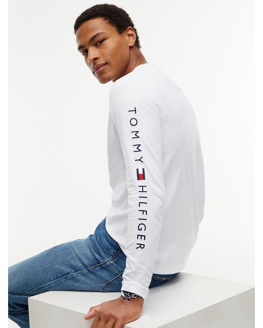 Tommy Hilfiger White Embroidered Logo Long Sleeve Tee for men