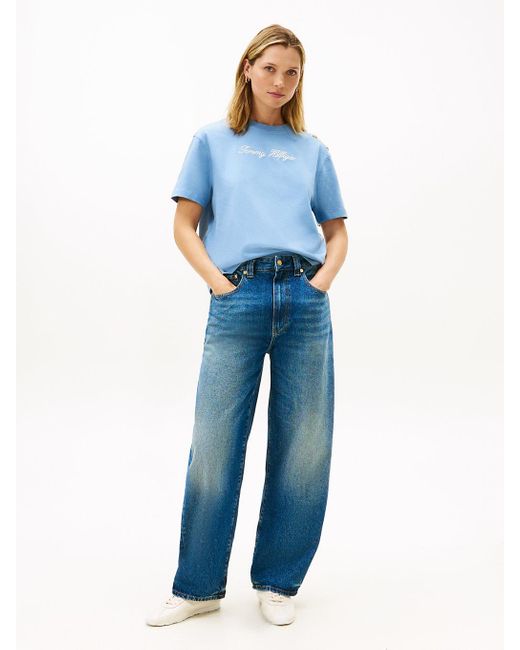 Tommy Hilfiger Blue Tone Button Logo Embroidery Relaxed T-Shirt