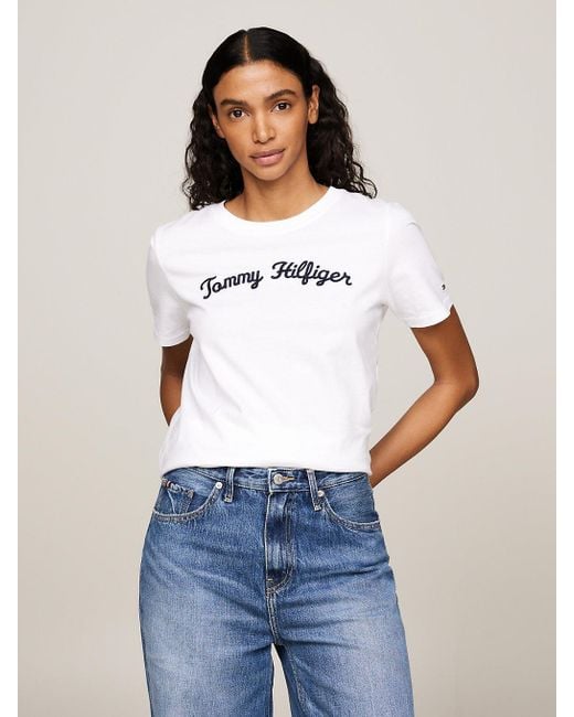 Tommy Hilfiger White Script Logo Embroidery T-shirt