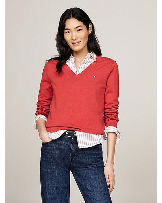 Tommy Hilfiger Red Pullover aus Jersey mit V-Ausschnitt