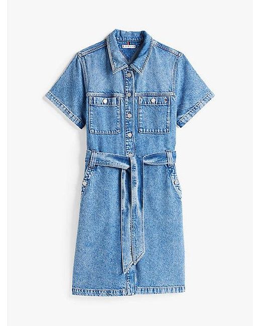 Tommy Hilfiger Denim Mini-Jurk Met Ceintuur En Korte Mouwen in het Blue
