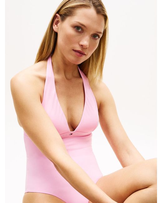 Tommy Hilfiger Pink Original Logo Halterneck Swimsuit