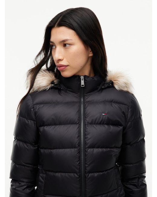 Tommy Hilfiger Black Faux Fur Hood Slim Down Jacket