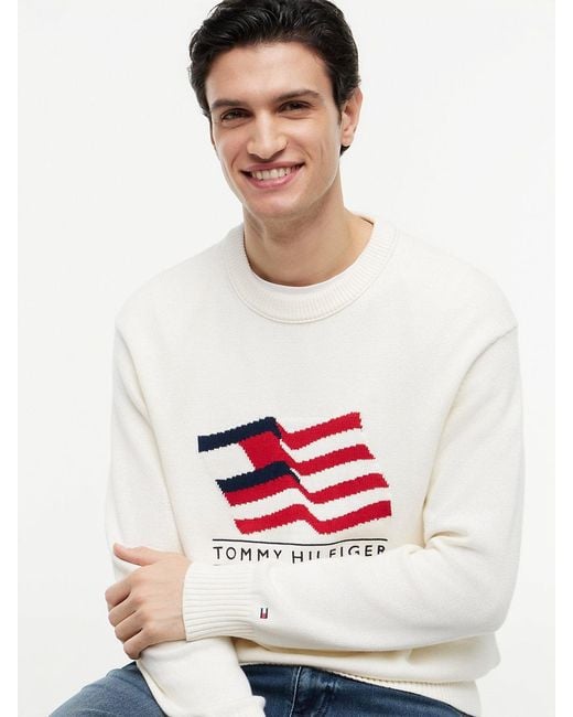 Tommy Hilfiger White Intarsia Flag Relaxed Crew Neck Jumper for men