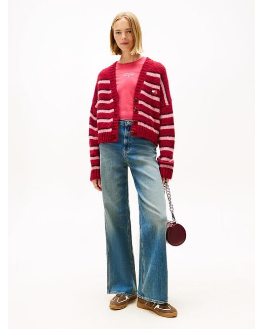 Cardigan Relaxed Fit A Righe Con Distintivo di Tommy Hilfiger in Red