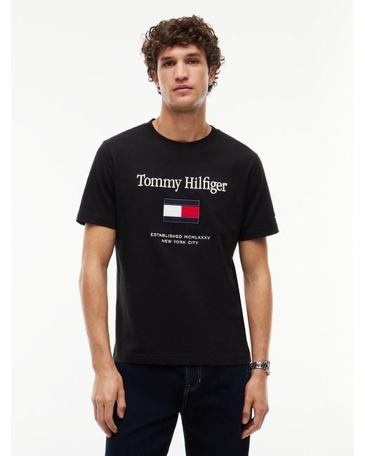 Tommy Hilfiger Black Logo Embroidery Crew Neck T-Shirt for men