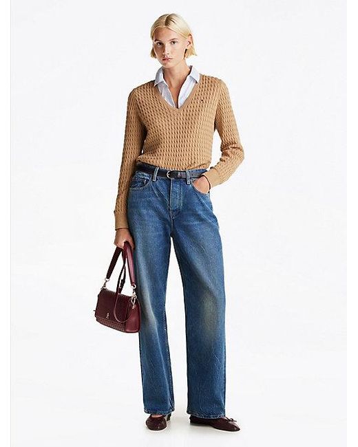 Tommy Hilfiger Kabelgebreide Trui Met V-Hals in het Blue