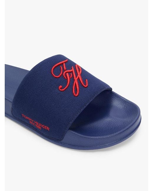 Tommy Hilfiger Blue Logo Embroidery Canvas Pool Slides for men