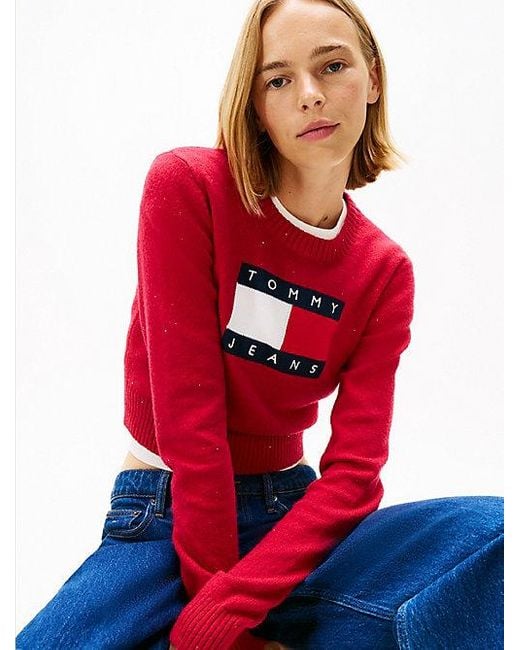 Tommy Hilfiger Slim Fit Trui Met Tommy-Vlag En Pailletten in het Red