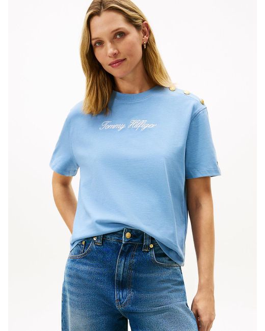 Tommy Hilfiger Blue Tone Button Logo Embroidery Relaxed T-Shirt