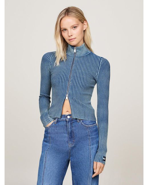 Tommy Hilfiger Blue Two-tone Ribbed Zip-thru Jumper