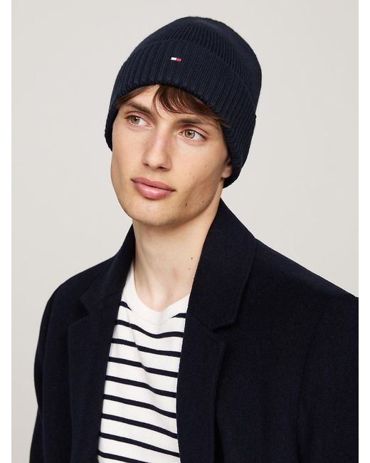Tommy Hilfiger Blue Hilfiger Flag Embroidery Beanie With Cashmere for men