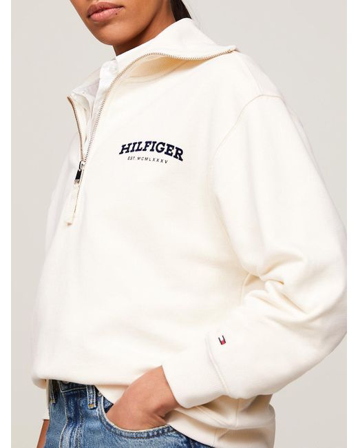 Tommy Hilfiger White Hilfiger Monotype Flock Logo Half-zip Sweatshirt