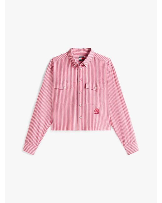 Camicia Crop Relaxed Fit Con Stemma Ricamato di Tommy Hilfiger in Pink