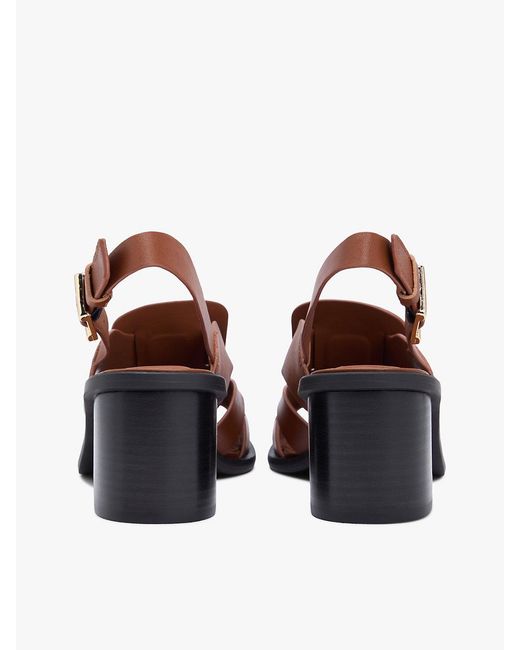 Tommy Hilfiger Brown Leather Crest Block Heel Sandals