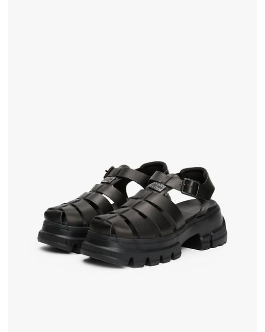 Tommy Hilfiger Black Leather Chunky Cleat Fisherman Sandals