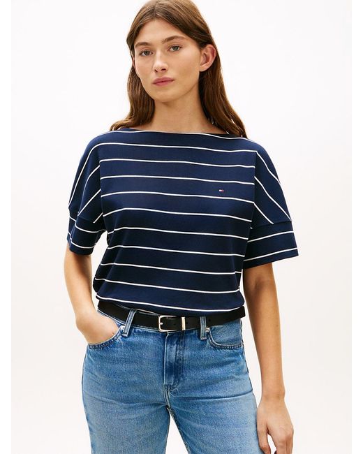 Tommy Hilfiger Blue Boat Neck Grown-On Sleeve T-Shirt