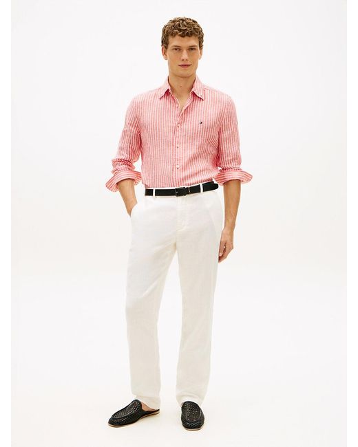Tommy Hilfiger Pink Regular Fit Bengal Stripe Pure Linen Shirt for men