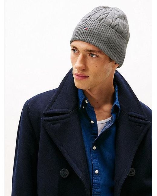 Tommy Hilfiger Hilfiger Flag Kabelgebreide Wolmix Beanie in het Gray voor heren