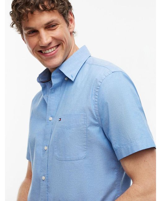 Tommy Hilfiger Blue Regular Fit Lightweight Short Sleeve Oxford Shirt for men