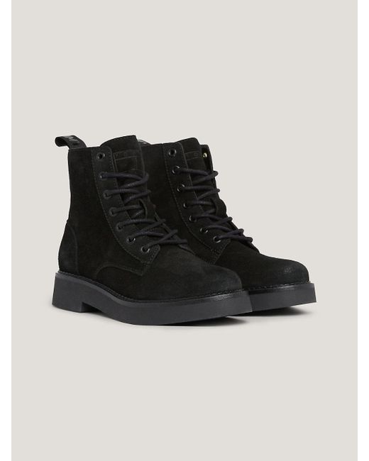 Tommy Hilfiger Black Suede Logo Tape Lace-up Boots