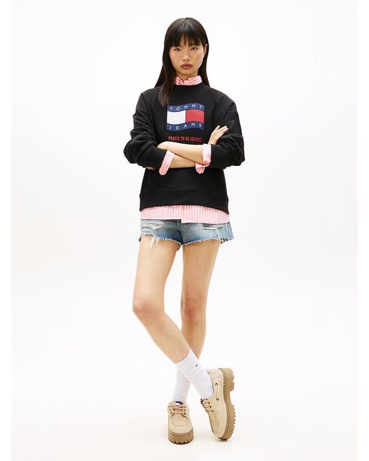 Tommy Hilfiger Black Wavy Flag Sueded Terry Boxy Sweatshirt
