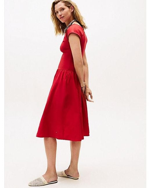 Vestido Midi De Punto Con Corte Evasé Tommy Hilfiger de color Red