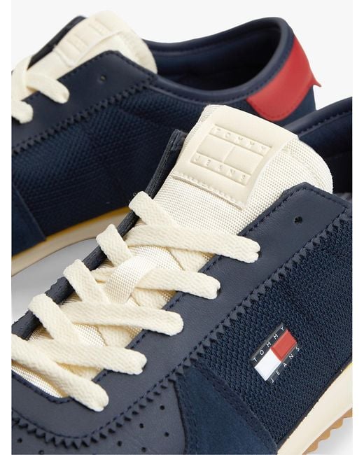 Tommy Hilfiger Blue Retro Leather Mixed Texture Serrated Trainers for men