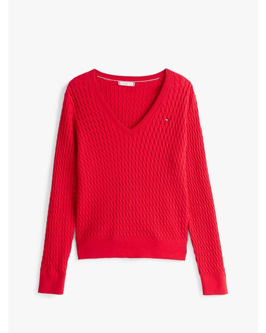 Tommy Hilfiger Red Cable Knit V-neck Jumper