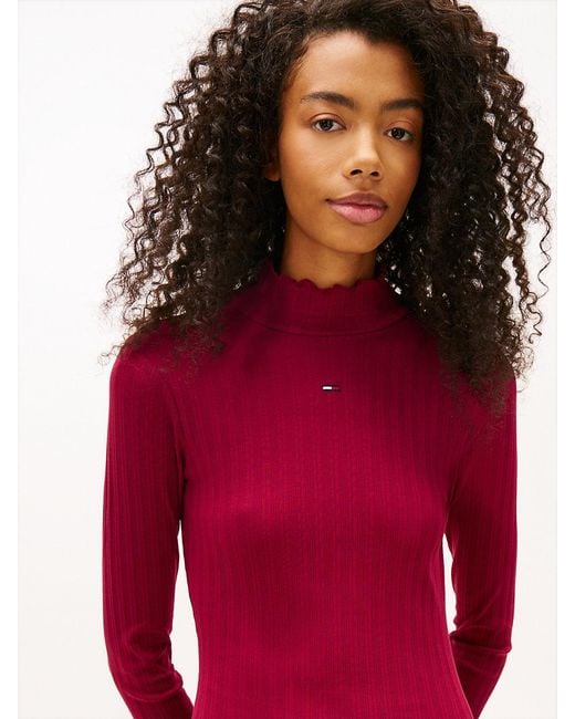 Tommy Hilfiger Red Ruffle Trim Ribbed Slim Mini Dress