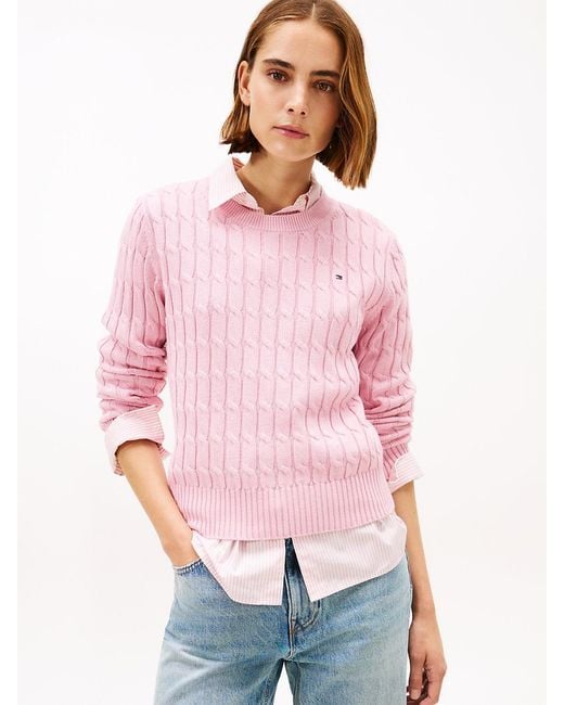 Tommy Hilfiger Pink Cable Knit Crew Neck Jumper