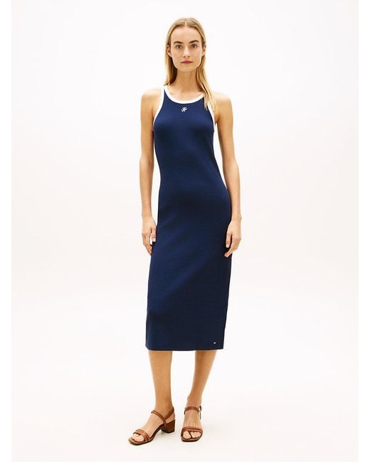 Tommy Hilfiger Blue Contrast Trim Slim Midi Bodycon Dress