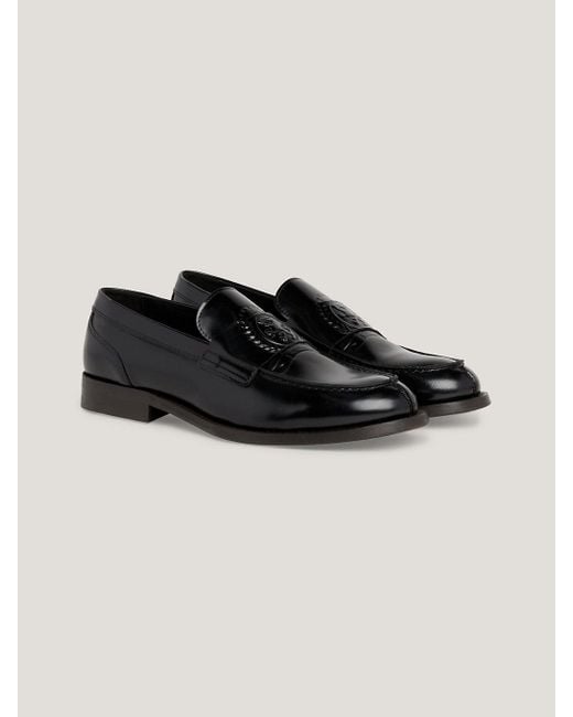 Tommy Hilfiger Black Crest Leather Slip-on Loafers for men
