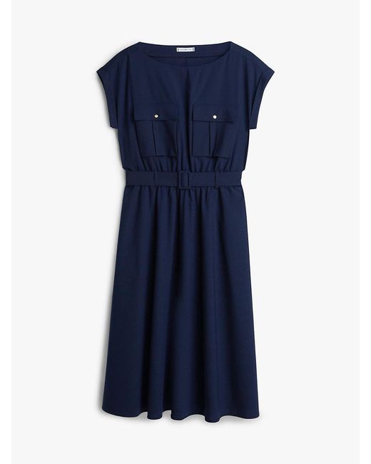 Tommy Hilfiger Blue Belted Relaxed Midi Dress With Wool