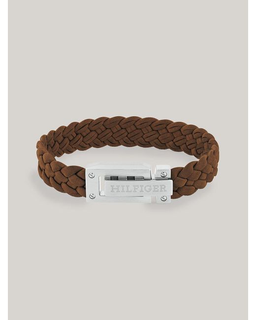 Tommy Hilfiger Logo Embossed Brown Suede Braided Bracelet for men