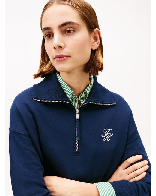 Tommy Hilfiger Blue Quarter-Zip Relaxed Mini Sweatshirt Dress
