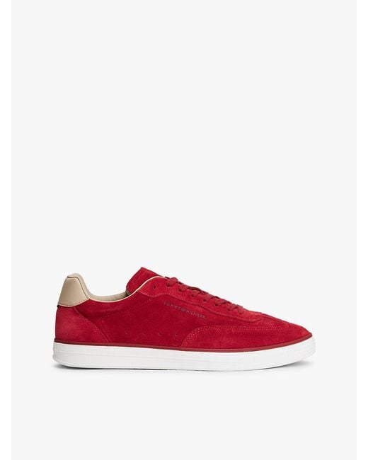 Tommy Hilfiger Red Luxe Embossed Logo Suede Trainers for men