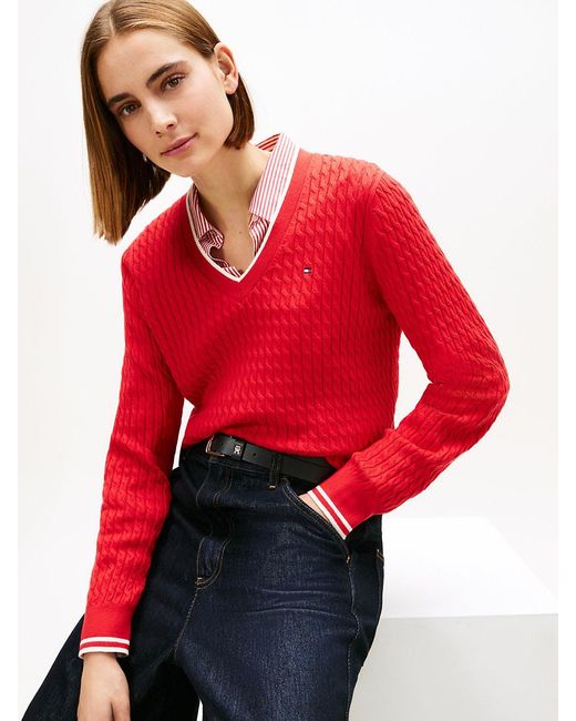 Tommy Hilfiger Red Cable Knit V-neck Jumper