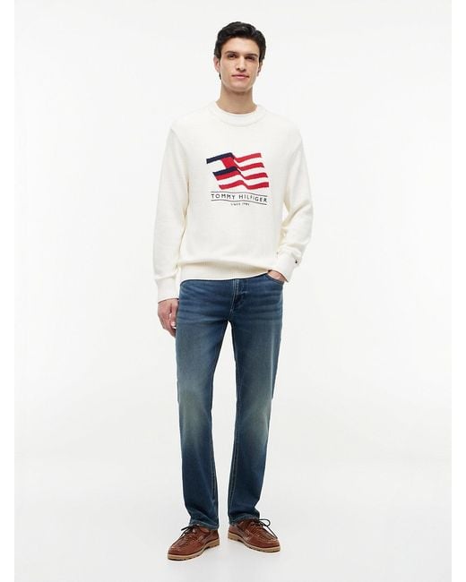 Tommy Hilfiger White Intarsia Flag Relaxed Crew Neck Jumper for men
