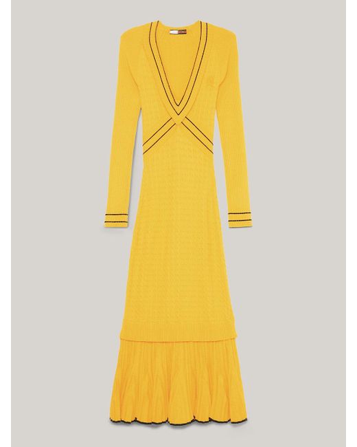 Tommy Hilfiger Yellow Crest Cable Knit V-neck Sweater Dress
