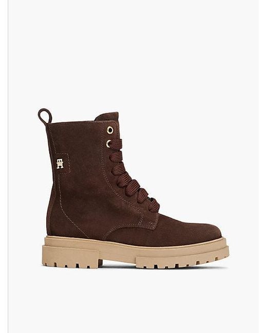 Tommy Hilfiger Brown Suede Th Monogram Cleat Lace Up Boots