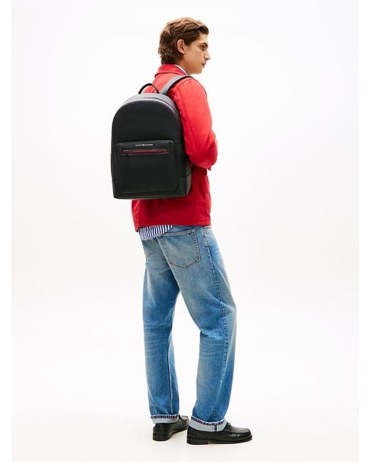 Tommy Hilfiger Black Metal Logo Textured Dome Backpack for men