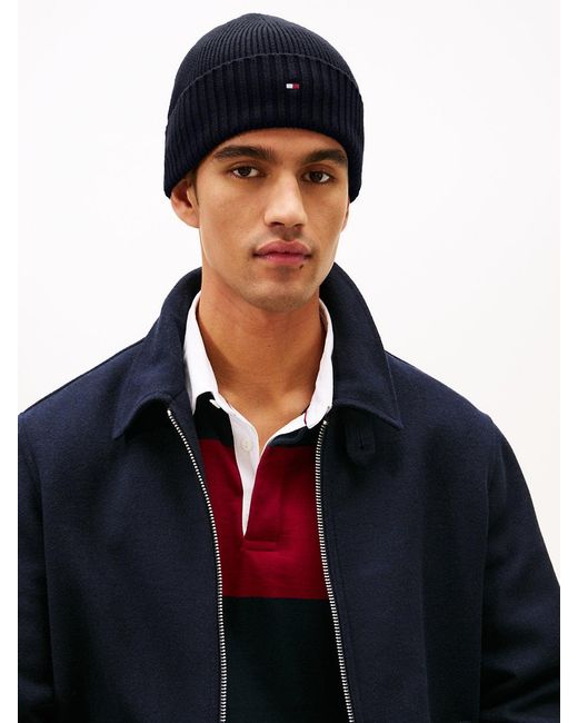 Tommy Hilfiger Blue Hilfiger Flag Embroidery Beanie With Cashmere for men