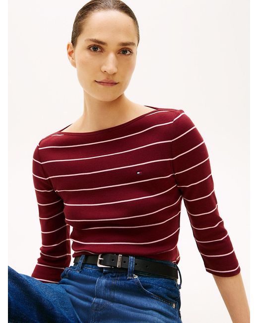 Tommy Hilfiger Red Slim Three-quarter Sleeve Boat Neck T-shirt