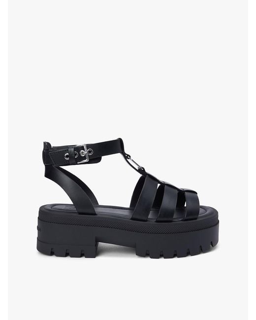 Tommy Hilfiger Black Leather Chunky Cleat Fisherman Sandals