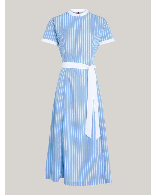 Tommy Hilfiger Blue Stripe Belted Short Sleeve Midi Dress